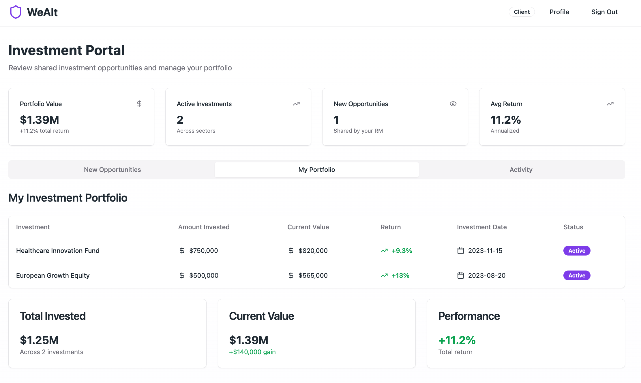 WeAlt — Client Investment Portal